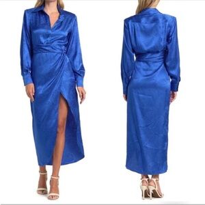 NWT RONNY KOBO Bernice Royal Blue Satin Midi Dress Long Sleeves Jacquard XS